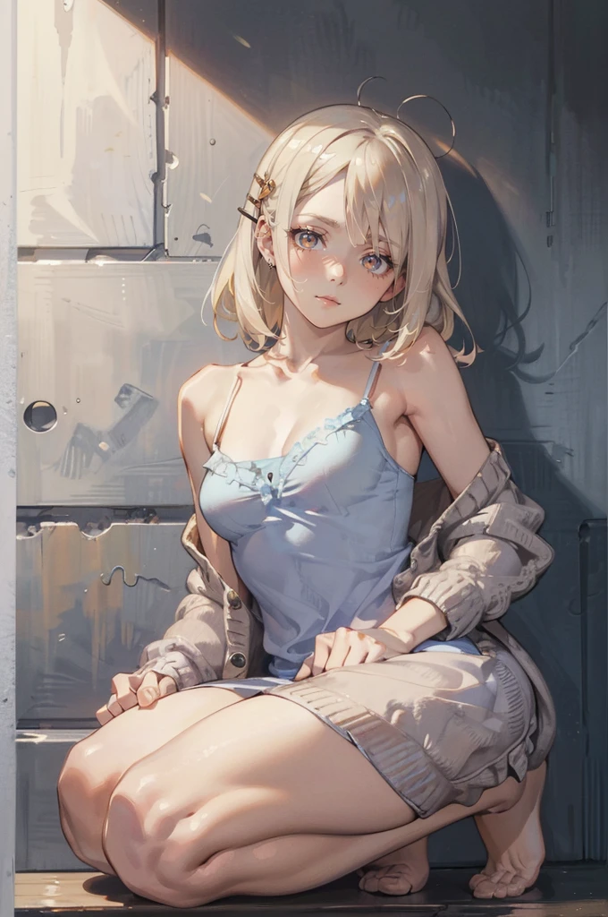 Photorealistic:1.5, Beautiful woman, hairstyle that bounces outward, (medium hair:1.5), (platinum blond hair:1.5), (platinum blond colored eyelash:1.5), (parted bangs:1.5), (amber color eyes:1.5), (sleepy face:1.5), blush:1.2, (tilt one's head:1.5), (hairpin:1.3), (masterpiece:1.3), (best quality:1.3), high-resolution, Head-on angle, Body facing forward, solo, beautiful detailed eyes, mid day, (((best quality, textile shading, ultra detailed))), extremely detailed CG unity 8k wallpaper, Highly Detailed beautiful and aesthetic, high resolution, detailed, dramatic lighting, 1Character, soft, gentle colors, (small breast:1.5), (blue camisole:1.5), (super long hem summer cardigan:1.5), (skinny:1.5), blur background, downtown:1.5, squatting:1.2, armpit:1.5,