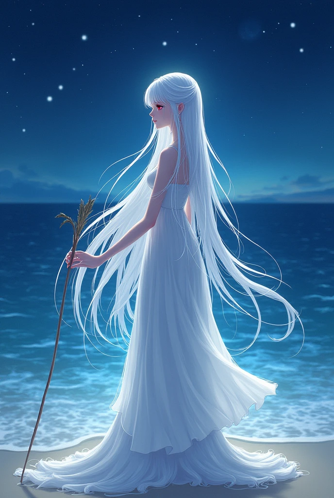 A white-haired woman with ruby red eyes and pure white skin, wearing Chinese style clothes, under the night sky on the beach. , anime art,Holding a stick