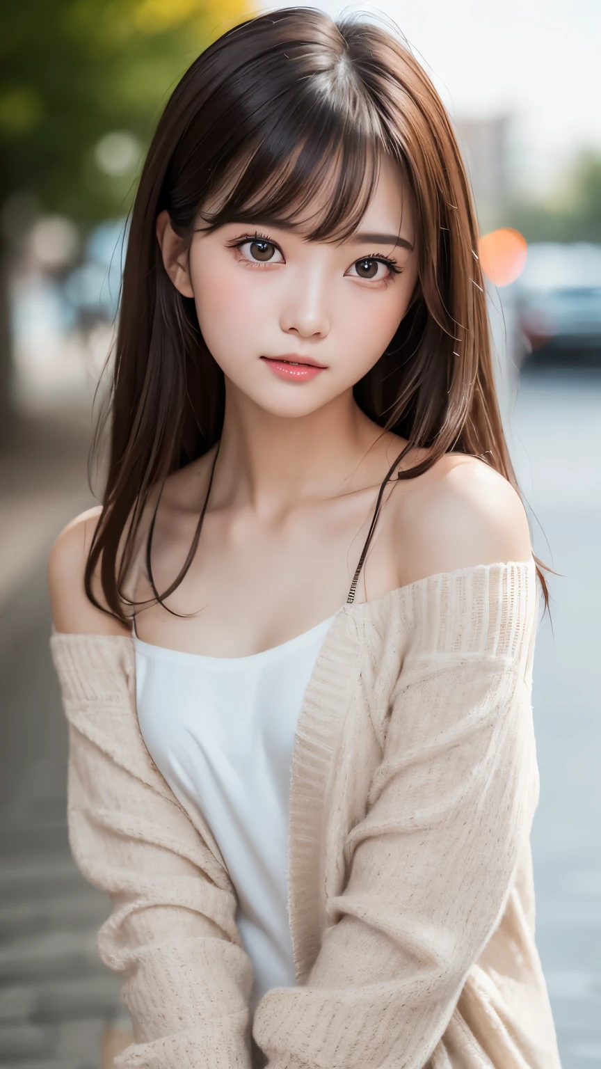 Tabletop, Highest quality, One Girl, (beautiful girl, Delicate girl:1.3), (:1.3), Definition of very fine particles, (Symmetrical eyes:1.3), night, ( Off the shoulder、Loose cardigan:1.2), Flat Chest, Brown eyes, Parted bangs, Brown Hair, Upper teeth, (Eye and facial details:1.0), (RAW Photos, Film Grain, chromatic aberration), (Bokeh: 1.1),,thin,Wet,