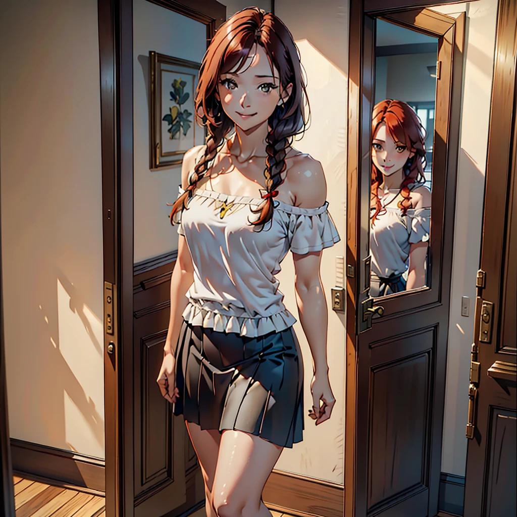 women, natural redhead, by the wide, 2 braids, Whole body, standing, short black skirt, White off-the-shoulder shirt, yellow eyes, chest a little big, Leaning on the entrance of a door, View up, flirtatious smile, mischievous smile.