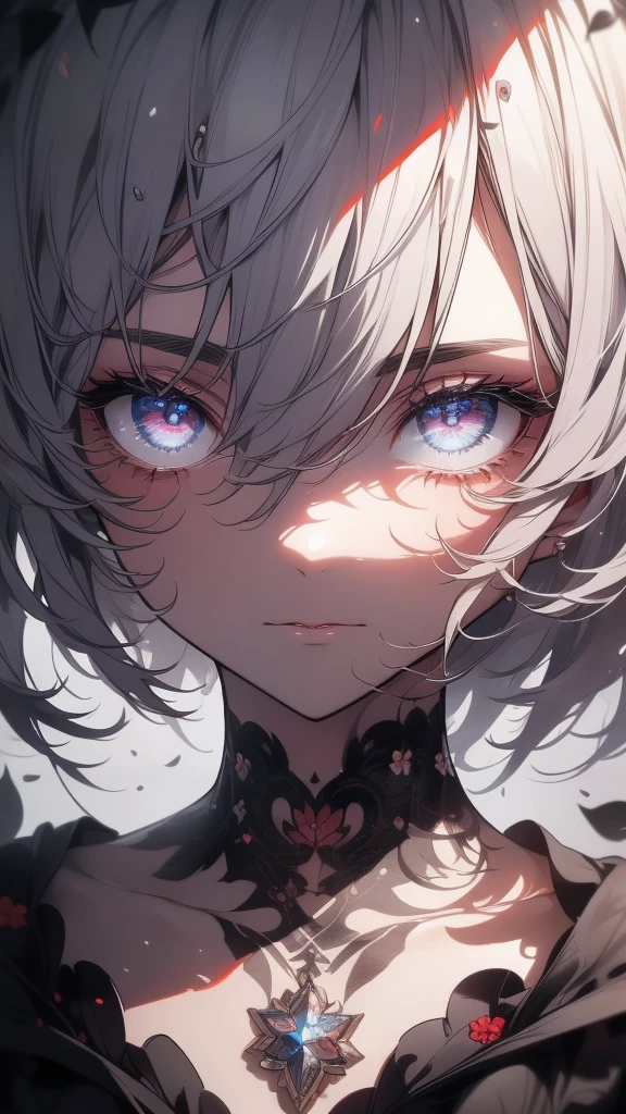 ((8k resolution))、((Highest quality))、((masterpiece))、((Very detailed))((((dramatic))), (((Rough feeling))), (((intense)))Focus on the face、tattoo、Clear Shadows、Vibrant, front,flower々background、Rich colors，Be confident，coil，scene，Boldness，to attract attention，Smart、tendency、I focus,Gray Hair,Short Bob