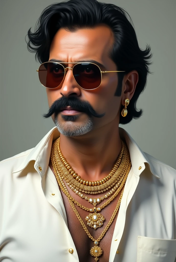A brown Indian man age of 40 years with black mustache and clean shaved face with lots of gold chains in neck in a white shirt with black sunglasses hair style will be front side to below side full black hair little shorter hair