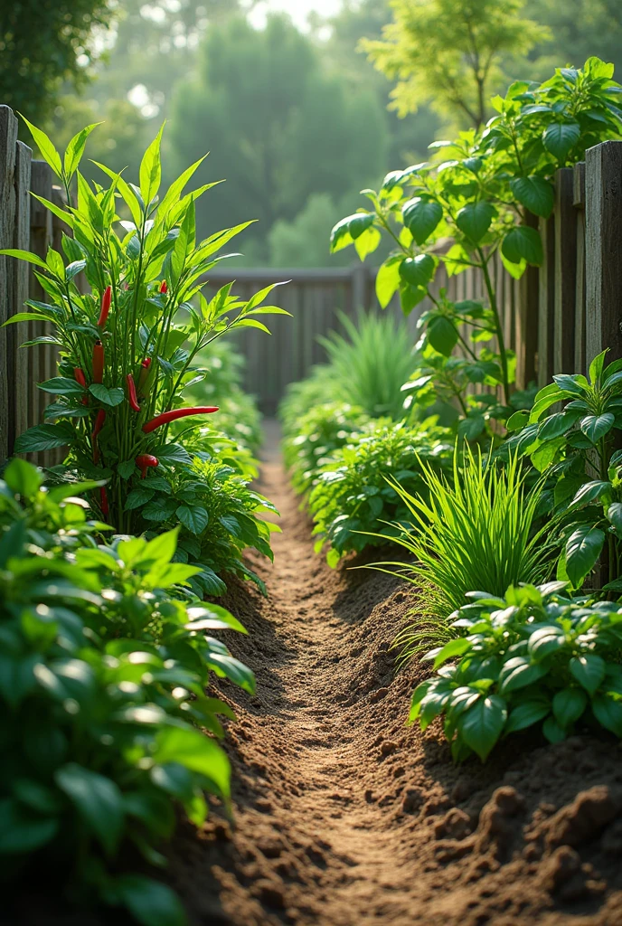 Create a vegetable garden with chili plants, basil, lemongrass, kaffir lime, long beans, and shallots.