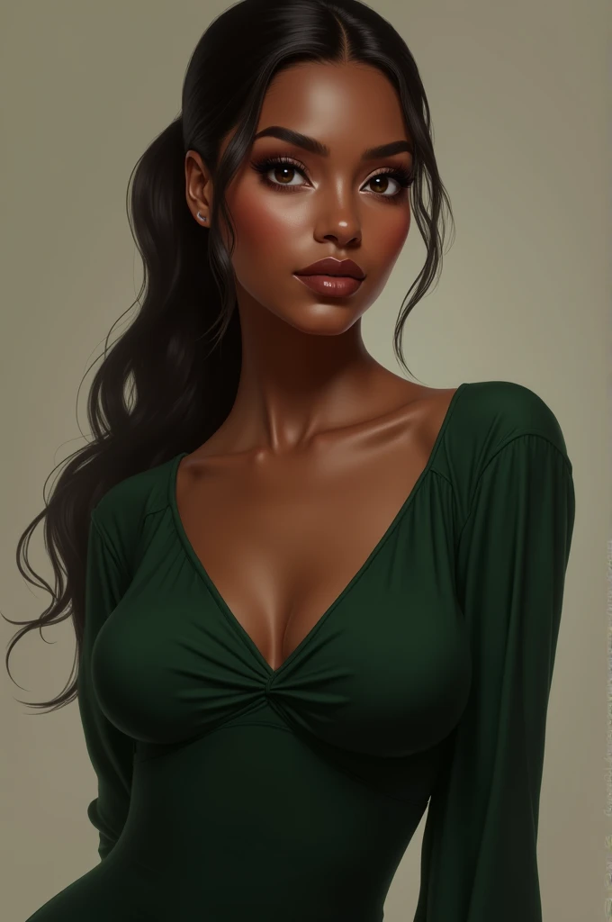 Young woman 1 dark brown skin full body wearing dark green dress Brown lips with brown nails hair tied in ponytail shape 