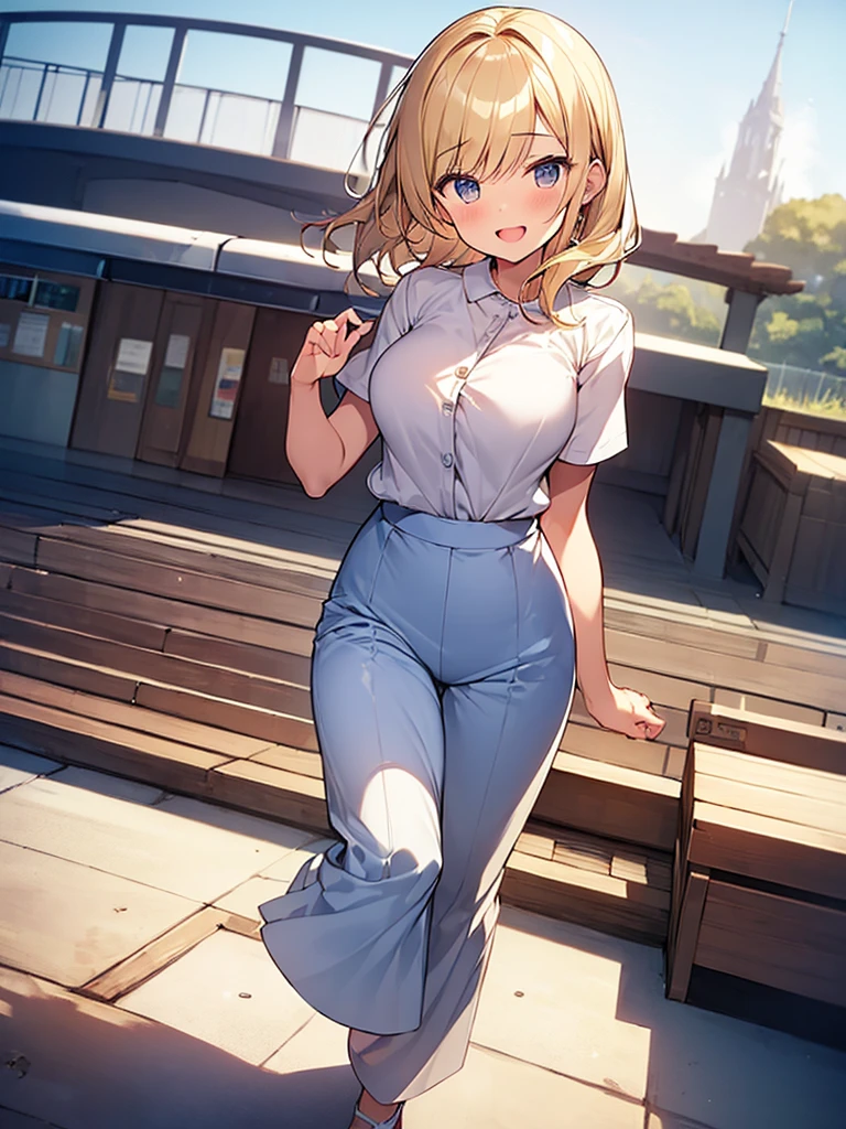 (Masterpiece, Top quality:1.5), full body, (1 beautiful girl, solo:1.2), (short height:1.2), (Chino Wide Leg Pants:1.3), Blonde hair:1.1, medium Hair, wavy Hair, asymmetry bangs, swept bangs, airy hair, large breasts:1.2, smile:1.3, blush, beautiful scene of station platform, magnificent panorama view, blurry background, open mouth, dynamic pose, dynamic angle