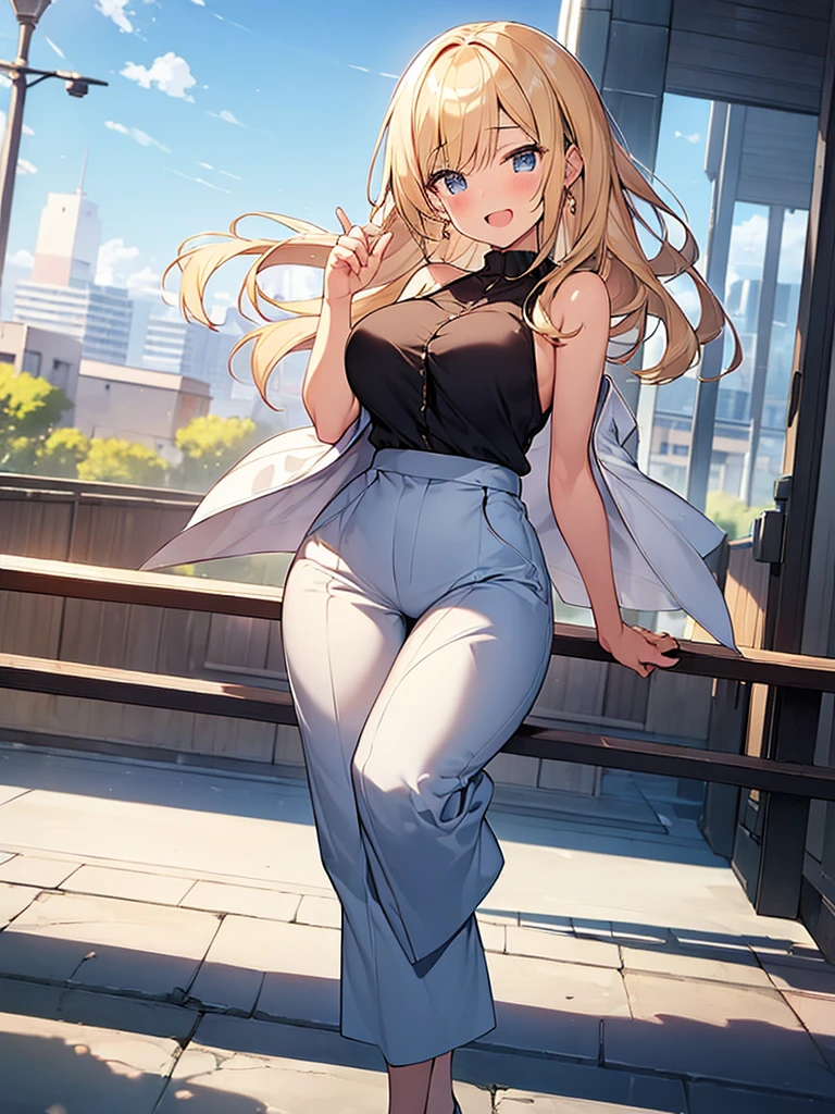 (Masterpiece, Top quality:1.5), full body, (1 beautiful girl, solo:1.2), (short height:1.2), (Chino Wide Leg Pants:1.3), Blonde hair:1.1, medium Hair, wavy Hair, asymmetry bangs, swept bangs, airy hair, large breasts:1.2, smile:1.3, blush, beautiful scene of station platform, magnificent panorama view, blurry background, open mouth, dynamic pose, dynamic angle