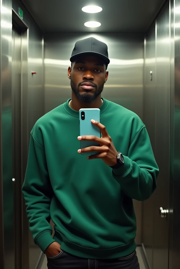 best qualityer:1.4), (ultra high resolution:1.2), (photorrealistic:1.4), (8k, CRU photo:1.2), 1 black man in his 20s, is wearing a green sweatshirt, He's wearing a black cap, He is wearing black jeans. He's in an elevator taking a picture in the mirror.. Corte de cabelo buzzcut. thin build. Samsung case is baby blue. thin build. 1.75cm tall