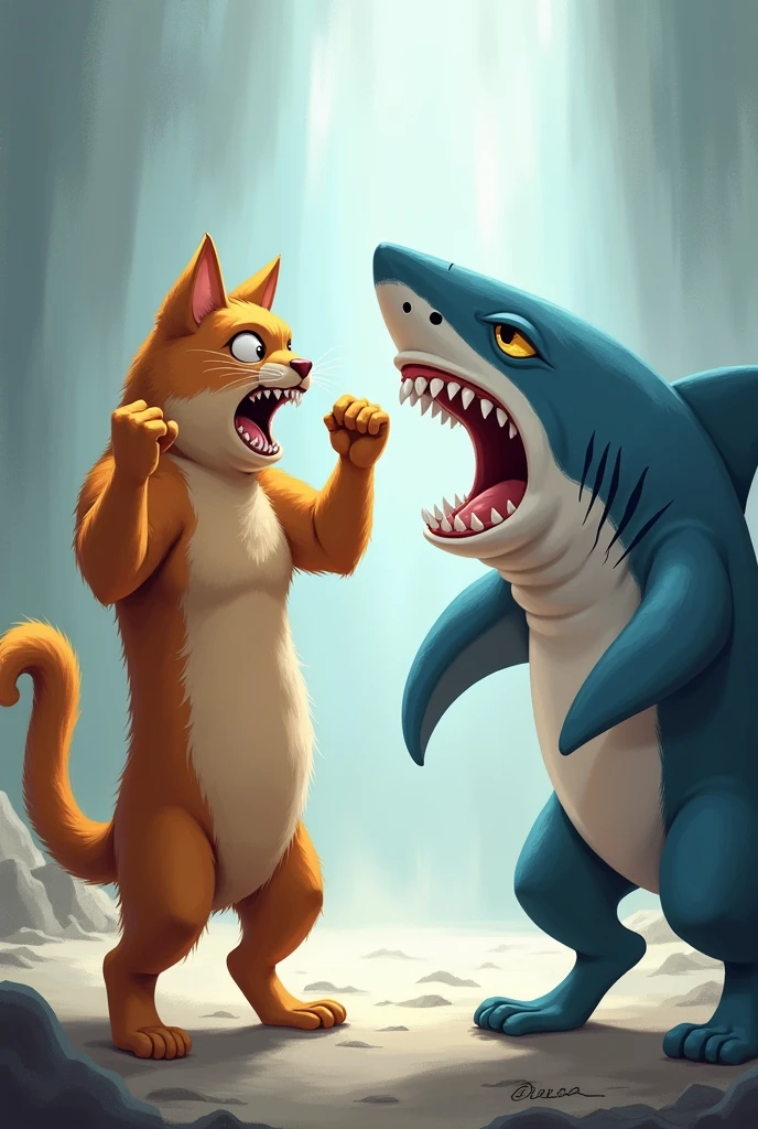 The image shows a cat and a shark in a playful interaction. The cat is flexing its muscles and yelling, while the shark is displaying its teeth.