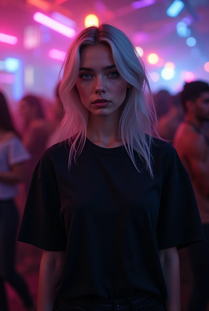 Beautiful girl in full growth, with white skin, light gray hair, Professional full-length photo, realistic, against the backdrop of a crowd at a party, dark atmosphere, Light music, Light show, dressed in a voluminous black wide T-shirt