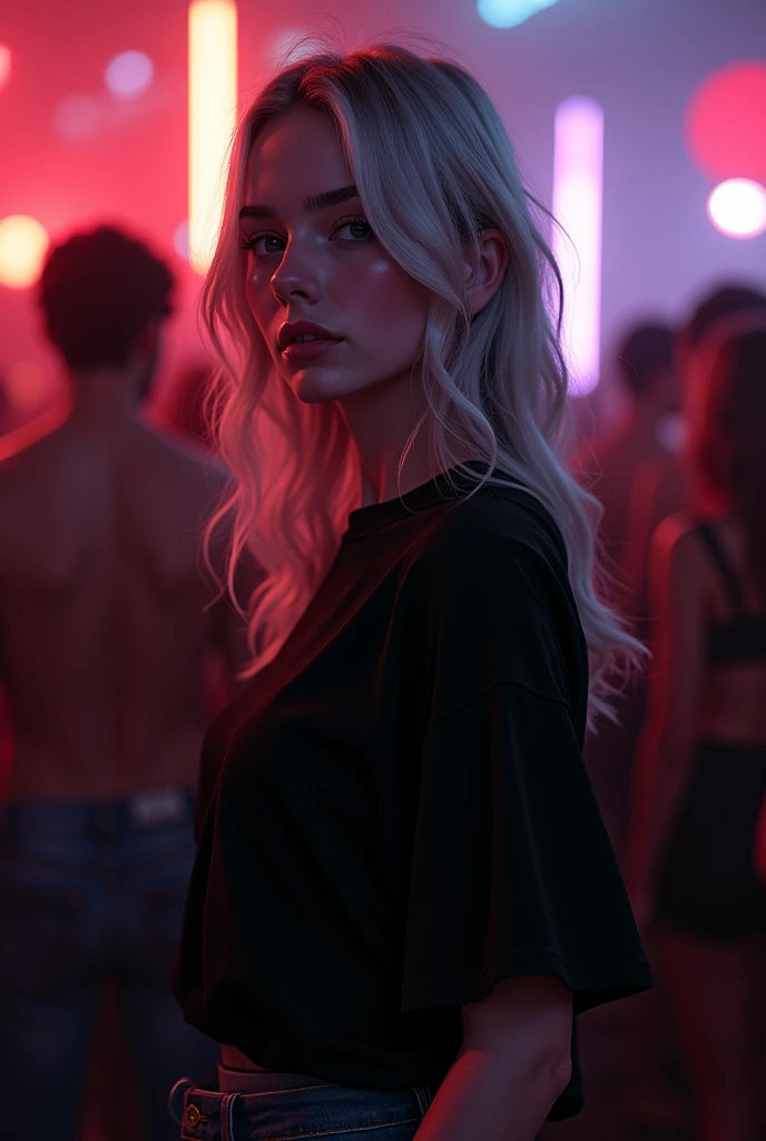 Beautiful girl in full growth, with white skin, light gray hair, Professional full-length photo, realistic, against the backdrop of a crowd at a party, dark atmosphere, Light music, Light show, dressed in a voluminous black wide T-shirt