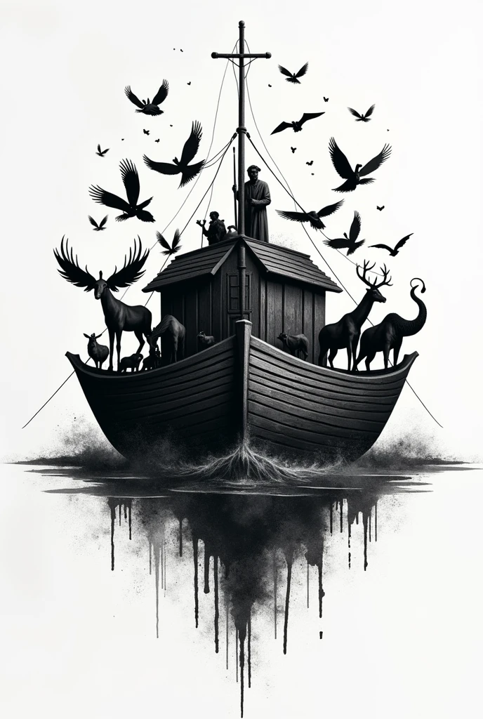 Black and white “Noah” tattoo with Noah’s Ark with animals