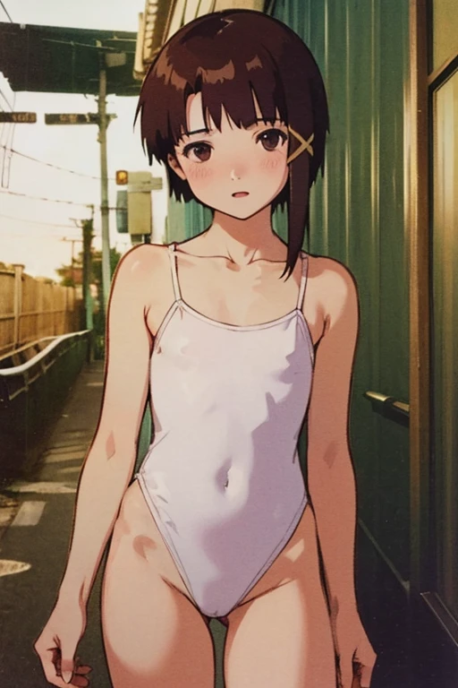 (masterpiece, Highest quality), Highest quality, ((photographic backdrop, SixtiesRamada)), Amazing details, Line art, Written boundary depth, Flat Shading, yoshinari yoh, 1girl, solo, ((iwakura lain)), (iwakura lain poses on a desorated alley at night), white leotard, Expressive eyes, Perfect Face, (skinny, flat chest, small breast), Art Nouveau, Bokeh, (((Anatomically correct))), open mouth, blush, open legs, legs apart, bowlegged
