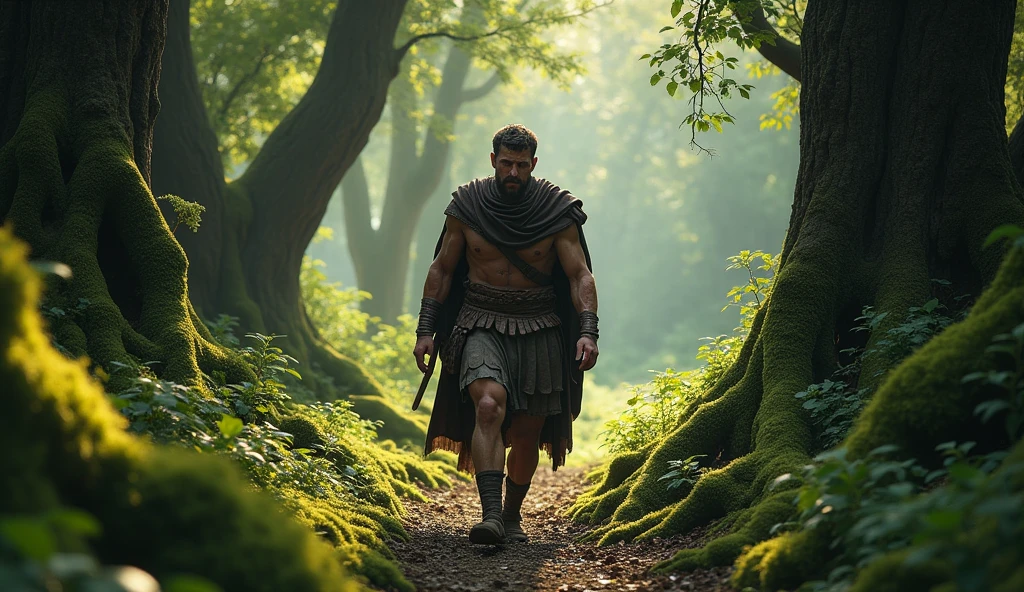 Greek fighter walking lamely through dense forests, cinematic HD 