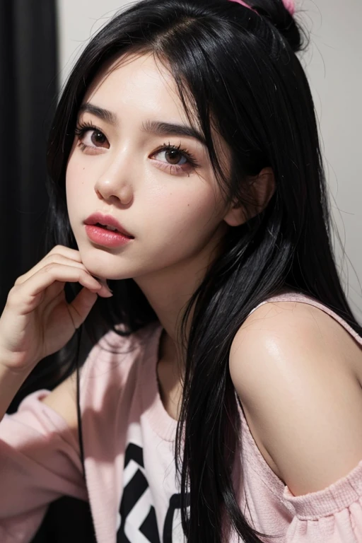 Girl with half black hair with pink tips and black eyes