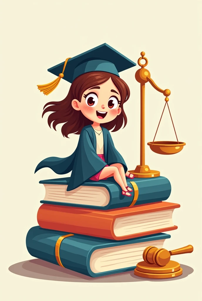 A girl wearing her graduation gown and sitting on large 2 books Takes up the half of the design area, next to her are the big scales of justice and the hammer, a large two-dimensional drawing.cartoon drawing more details