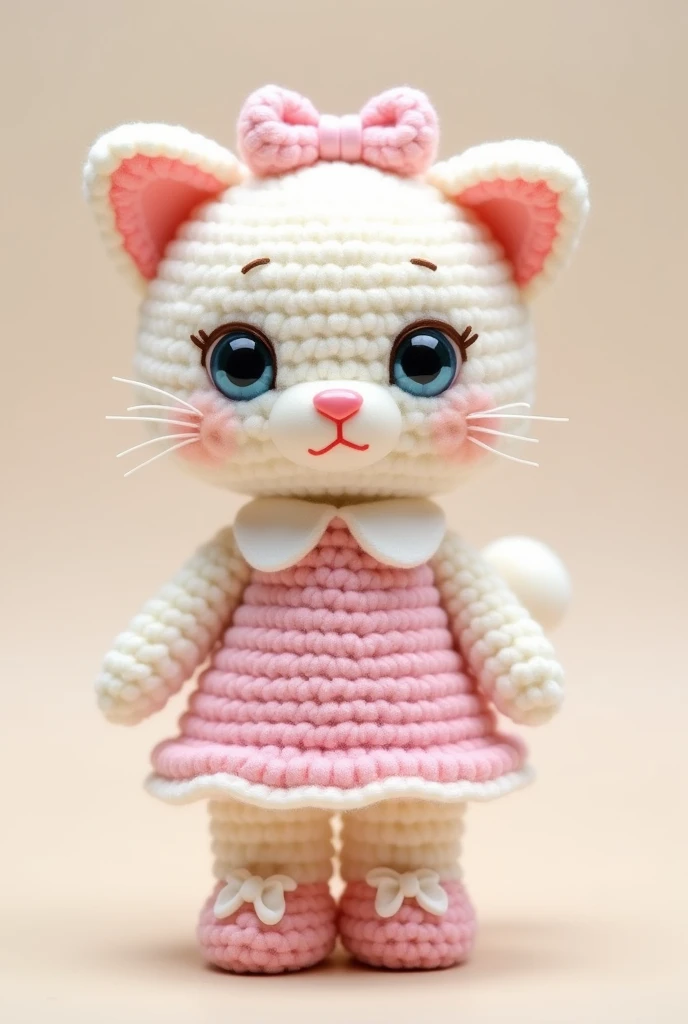 Amigurumi , chibi-style, humanoid cat, with soft white fur, wearing a pastel pink dress with a white collar. The cat has large blue eyes, a small pink nose, and a fluffy tail. It wears a pink bow on its head and matching pink shoes with tiny white bows
