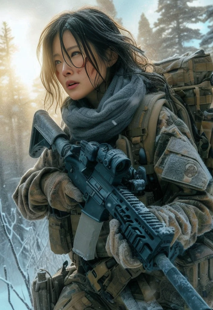 8K, realistic photo, realistic skin texture, Beautiful Japanese women in the US military、In the winter forest、explosion、Close call、
、They are shouting to evacuate immediately.、Automatic rifle、Bulletproof vest、Back Back、boots、Covered in scars、Grim expression、Dynamic pose、Innovative composition、Dust is flying、fiction、My breath is white from the cold、The sun shines through the trees