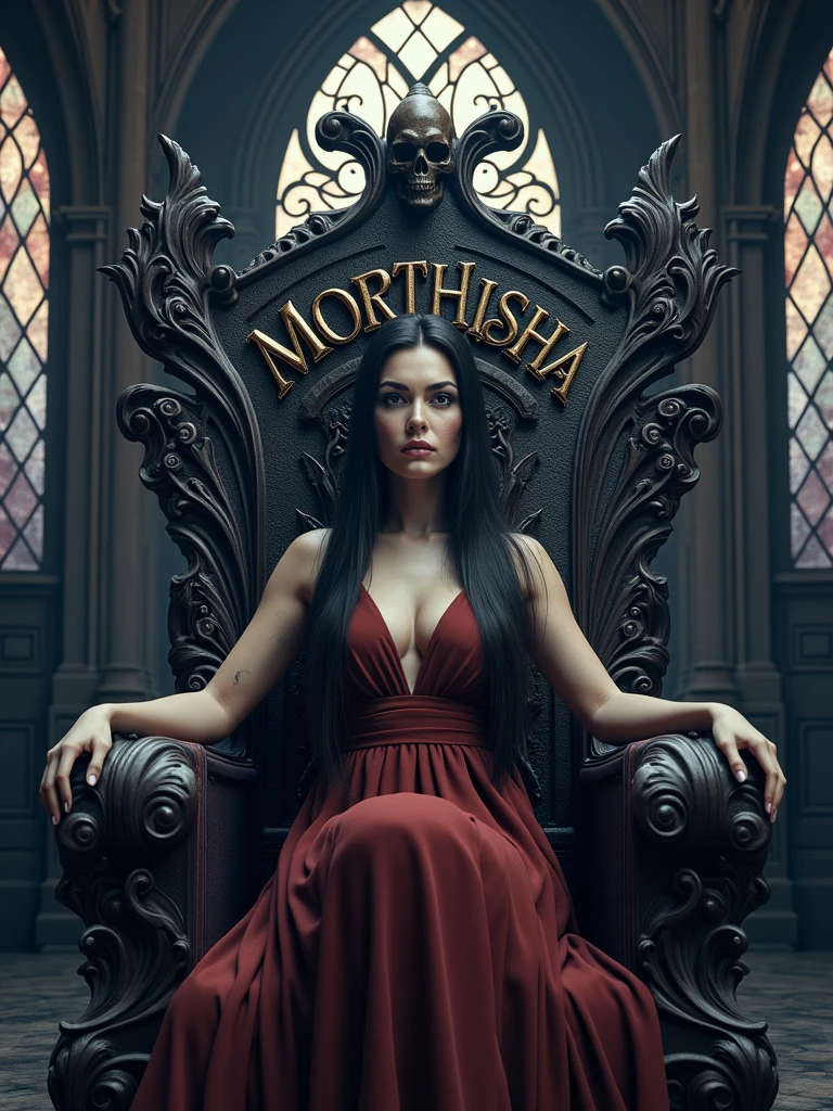 A captivating and high-quality 3D render of a dark fantasy scene featuring a beautiful woman with long, dark hair and piercing eyes. She sits majestically on a twisted, dark wood throne, intricately carved and adorned with a sinister skull atop the backrest. The font, Niagara Engraved, is elegantly written in silver metallic, spelling out the name "MORTHISHA." The dimly lit gothic room, with its stained glass windows, casts an eerie glow, while the chilling atmosphere and sinister aura draw the viewer into this mesmerizing, cinematic world. This 3D render is perfect for a poster or a movie still, showcasing the cinematic quality of the image.