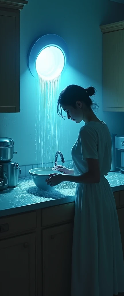 A woman washing dishes, she is in the kitchen, the water comes down through a small portal, round portal in blue color,