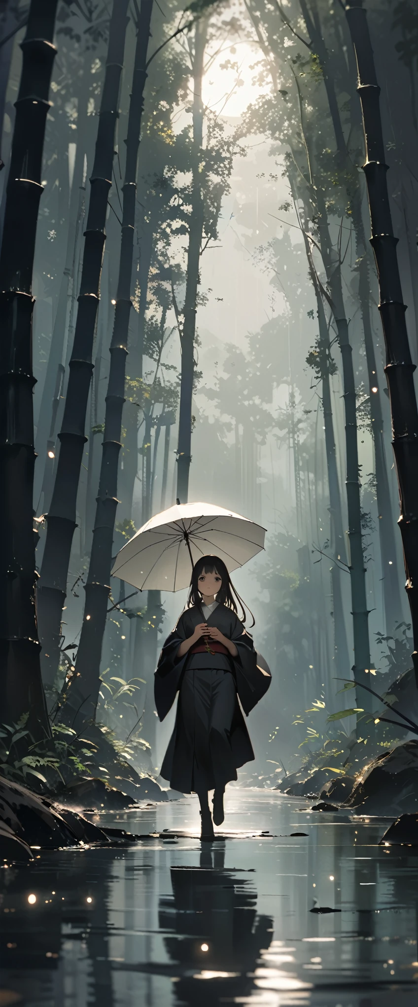 Dynamic ink painting of a Japanese bamboo forest, Great art, Amazing depth, Ground level shot, The most beautiful bamboo forest in the world, Bamboo leaves shining in rainwater, moon\(pale\) In light cloudy weather,alone, One beautiful girl\(Aristocrats of Ancient Japan, Beautiful kimono, Beautiful long black hair\) looking up at the moon holding an umbrella,Light rain, Fireflies flying around, Bamboo leaves are arranged three-dimensionally in the foreground., Long Shot,Colorless