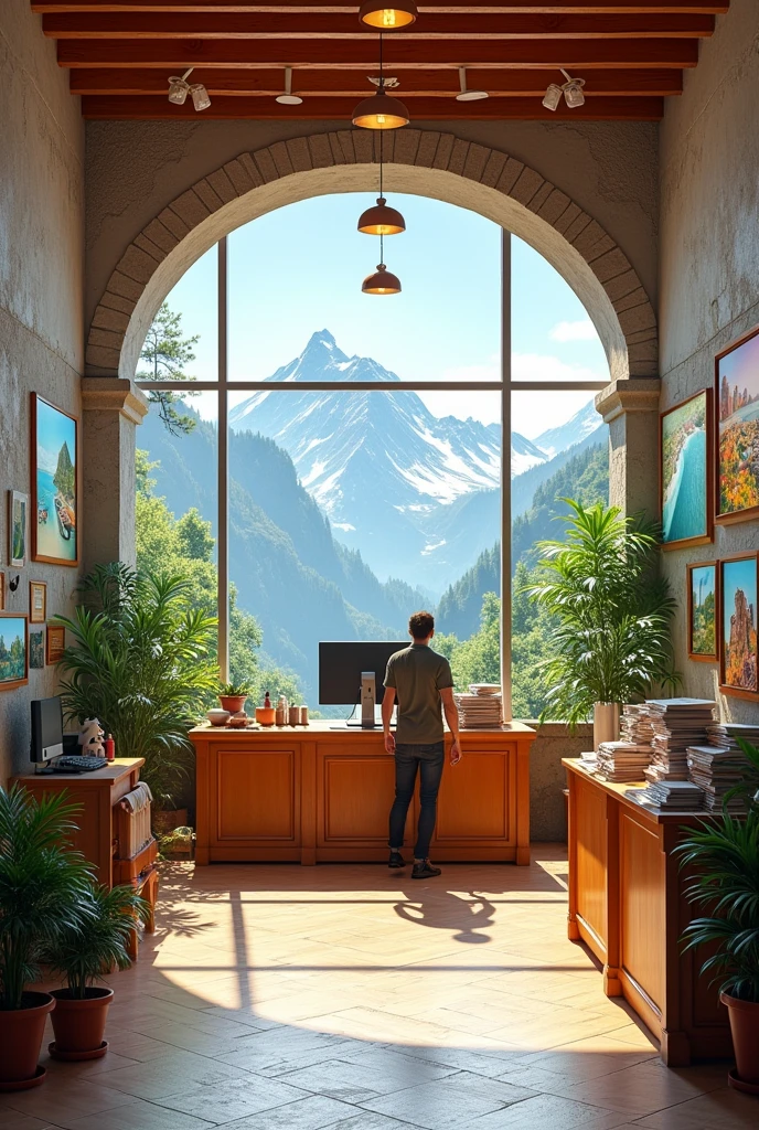 Generates an image of a travel agency premises inside with natural colors and photography of mountains, with good lighting and decoration, Also a desk with a computer but with travel agency signs