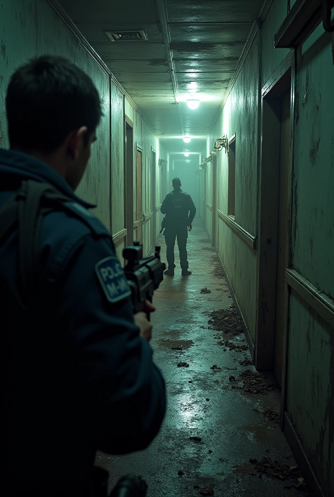 Abandoned cruise ship view from inside, FIRST PERSON POINT OF POINT Police officer only arms visible with an m4 in his hands, finds survivor in a room