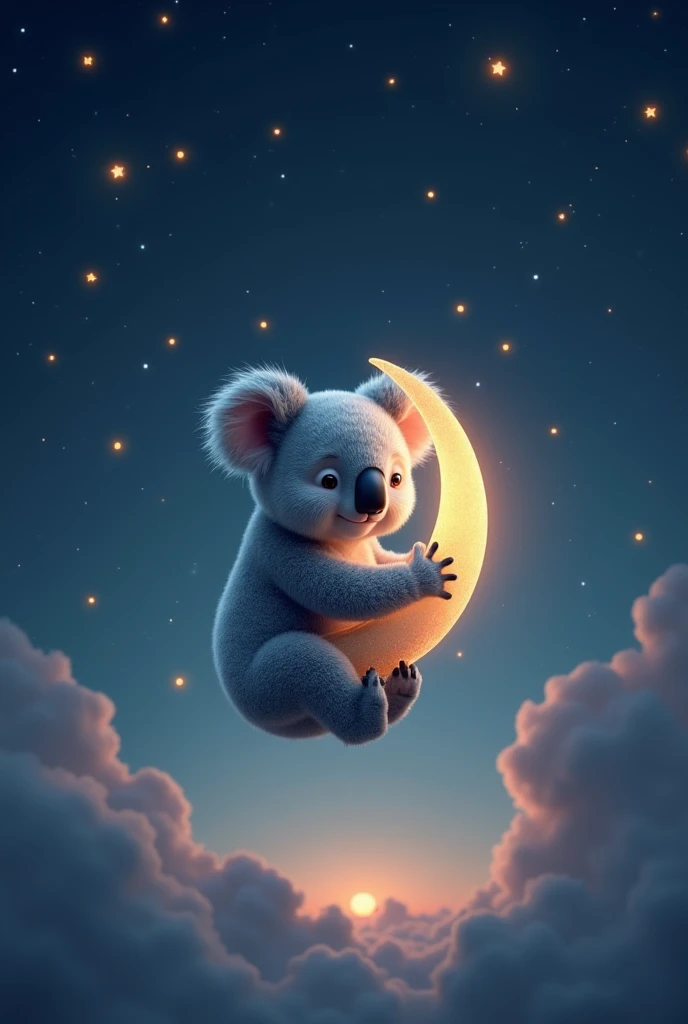 Photorealistic 4K photo of a whimsical koala floating in an enchanted night sky. The koala is cuddling a glowing, crescent moon, its fur shimmering with a soft, silvery sheen. The sky is filled with twinkling stars shaped like eucalyptus leaves, creating a magical, serene atmosphere. The koala drifts peacefully through the night, leaving a trail of sparkling stardust in its wake. The background features a dark, velvety sky with soft clouds and a gentle glow on the horizon. The scene captures the essence of a dreamy, magical world, blending realistic details with a whimsical, fairy-tale-like ambiance.