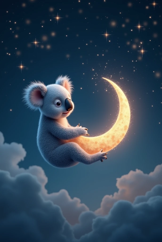 Photorealistic 4K photo of a whimsical koala floating in an enchanted night sky. The koala is cuddling a glowing, crescent moon, its fur shimmering with a soft, silvery sheen. The sky is filled with twinkling stars shaped like eucalyptus leaves, creating a magical, serene atmosphere. The koala drifts peacefully through the night, leaving a trail of sparkling stardust in its wake. The background features a dark, velvety sky with soft clouds and a gentle glow on the horizon. The scene captures the essence of a dreamy, magical world, blending realistic details with a whimsical, fairy-tale-like ambiance.
