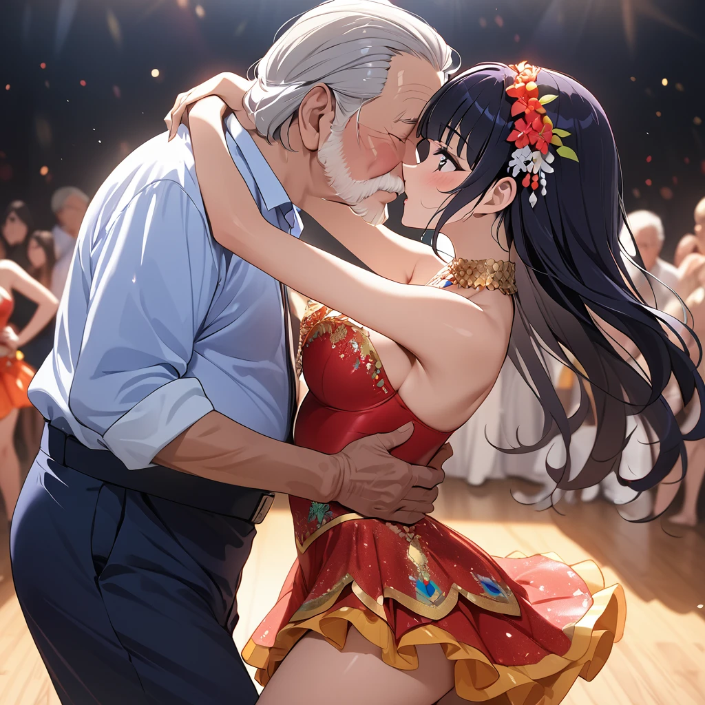 ((Highest quality)), ((masterpiece)), (detailed), （Perfect Face）、The woman is Reika Aoki with semi-long hair、A woman is wearing a salsa costume in South America, kissing and passionately dancing salsa with an old man.