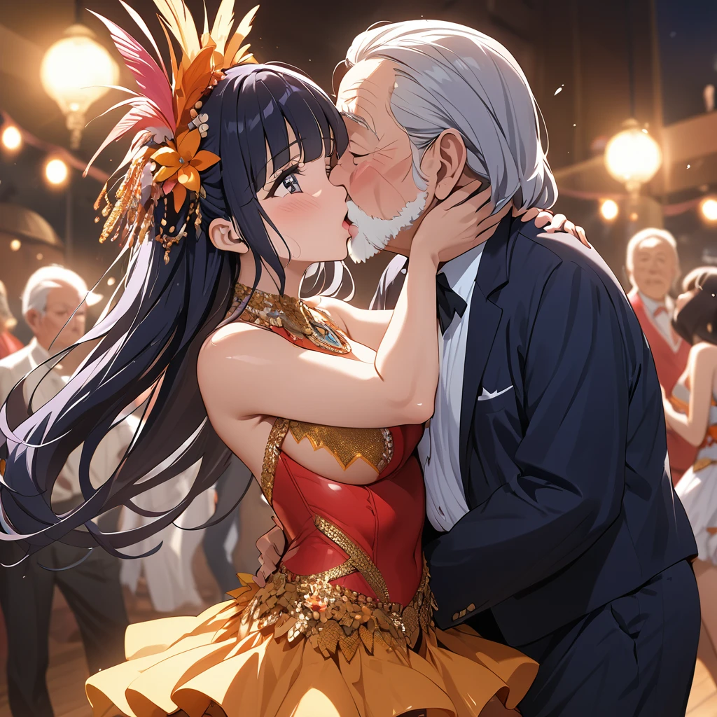 ((Highest quality)), ((masterpiece)), (detailed), （Perfect Face）、The woman is Reika Aoki with semi-long hair、A woman is wearing a salsa costume in South America, kissing and passionately dancing salsa with an old man.