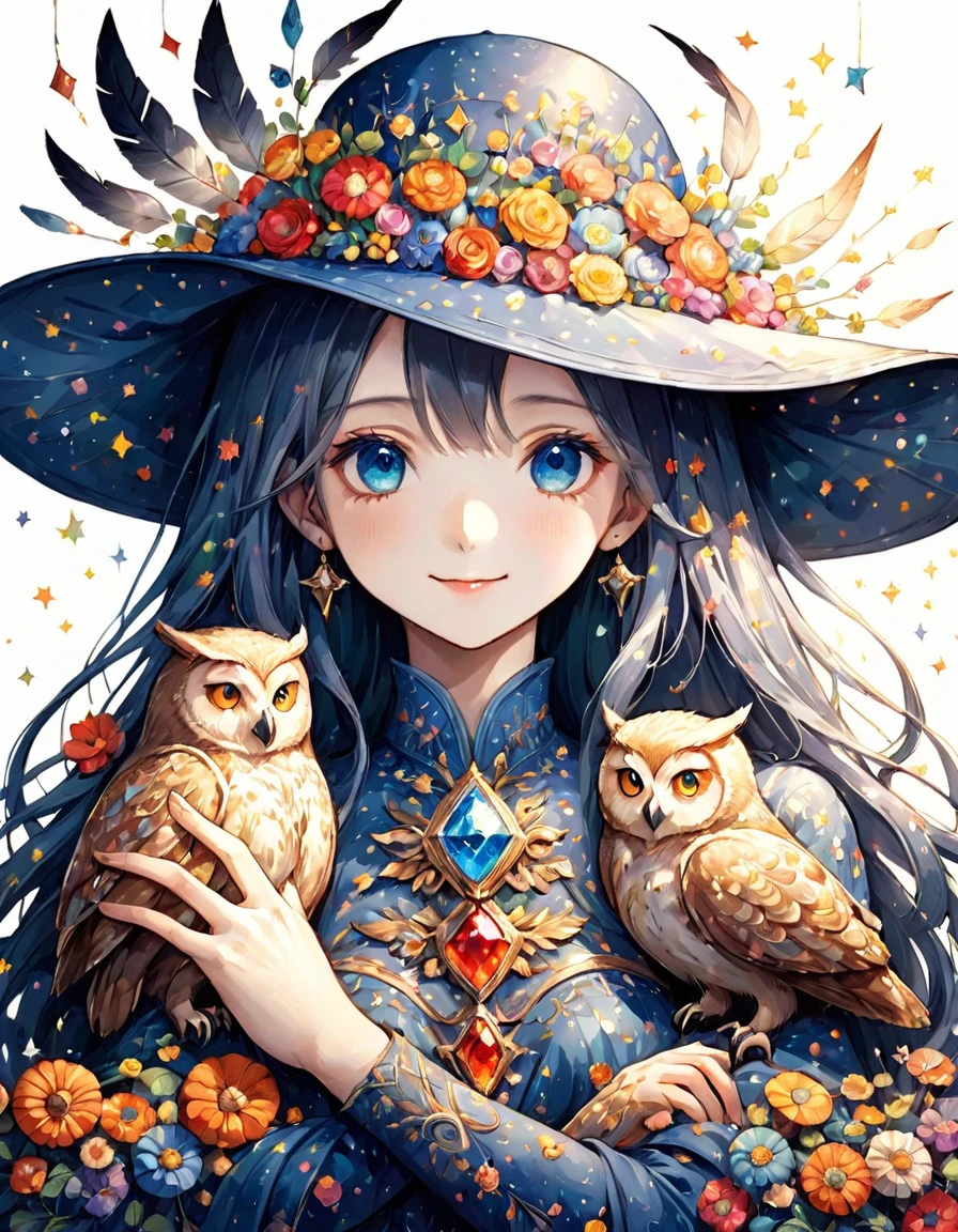 Highest quality、High resolution、(Beautiful face in every detail:1.4)、(Draw a picture to fit on the canvas:1.5)、Carefully draw your hands、Delicate hands、Elaborate hands、Anatomically correct、(Normal number of fingers:1.2)、(Highly detailed face)、Detailed eyes、大people、20Age、Perfect body line、Stand in the center、so beautiful、 (((Blank Background:1.5, No background:1.5, Background white:1.5)))、1people、(Upper Body:2.0)、woman、(smile:1.5)、Halloween、witch、The hat is very small、(deep blue:2.0)、(Medium-long straight hair:2.0)、(witchの帽子:1.5)、(owl1羽:2.0)、(1羽のとても大きいowl:1.5)、(owl1Being with the feathers:1.5)、(owlはwomanの体の手か前腕にとまってる:1.5)、(The hat only has flowers on it:2.0)、There are lots of flowers on the hat、Unexposed clothing、(リアルなowl:1.5)、まるで写真のようなowl、Change the design of the clothes、(Victorian dress:1.5)、Robe、Do a different pose、Blue clothes、(There is a big jewel on the hat:2.0)、Remove extra fingers、胸元にowlが止まっている、owl消さないで、(Arms crossed:1.5)、Change the design of the jewel on the hat、