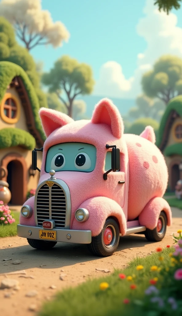 3D, colorful, cute A whimsical and fluffy cat-shaped truck parked in the middle of a charming Hobbit village. The truck is designed to look like a giant plush cat doll, with soft, thick fur, round eyes, and cute ears on the roof. The village is filled with small, round doors, grassy hills, and cozy, earthy homes typical of a Hobbit settlement. The cat truck stands out with its pastel colors and oversized, colorful image, plush appearance, adding a playful and magical touch to the idyllic setting. Curious Hobbits can be seen peeking out of their homes, smiling and pointing at the unusual sight, masterpiece,