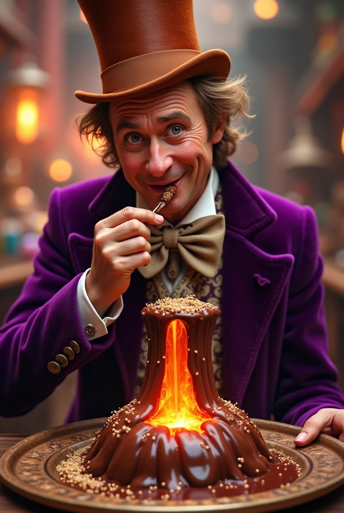 willy wonka eating a chocolate volcano dessert