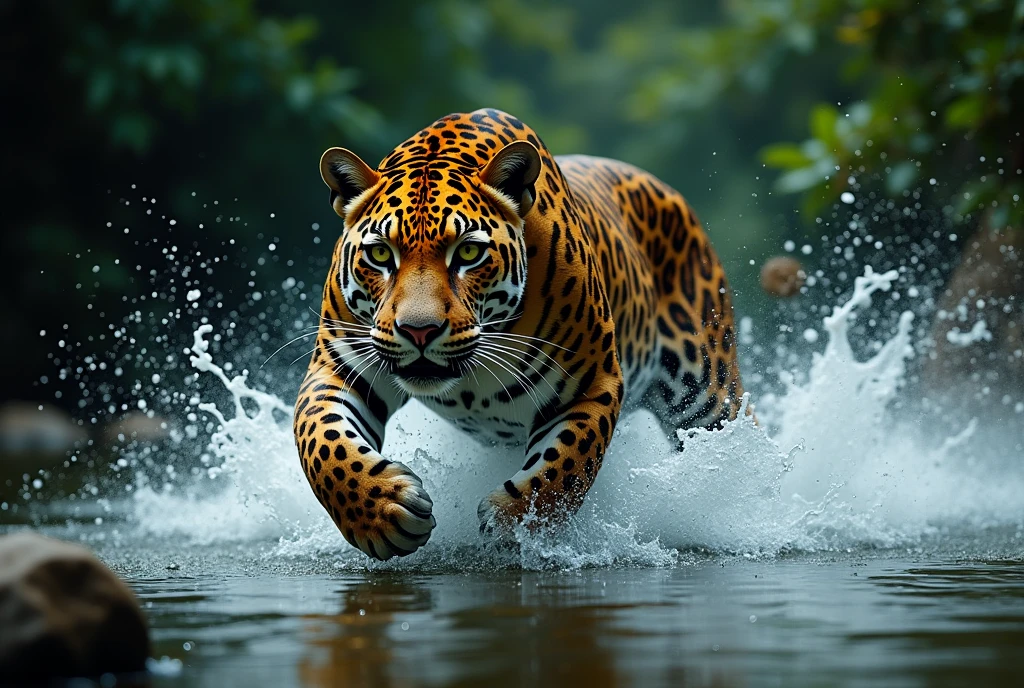 Create a dramatic, AI-generated artwork of a jaguar walking towards the camera from within a shallow lake. The jaguar should be depicted in a powerful and intense moment. Capture the dynamic motion of the jaguar as it splashes through the water, with its muscular body tensed and its piercing eyes focused on the viewer.
The scene should emphasize the splash and turbulence created by the jaguar's rapid movement through the water, with droplets and waves adding to the sense of urgency and aggression. The background should feature the natural elements of the jungle, such as dense foliage and partially submerged rocks, but with a focus on the jaguar and its immediate environment.
Use rich, vibrant colors and sharp details to highlight the jaguar’s distinctive coat and the textures of the wet fur. The lighting should be dramatic, with strong contrasts to emphasize the jaguar's fierce expression and the water's movement.
The final artwork should be high-resolution and visually impactful, capturing the raw power and intensity of the jaguar in its natural habitat, creating a striking and memorable image.