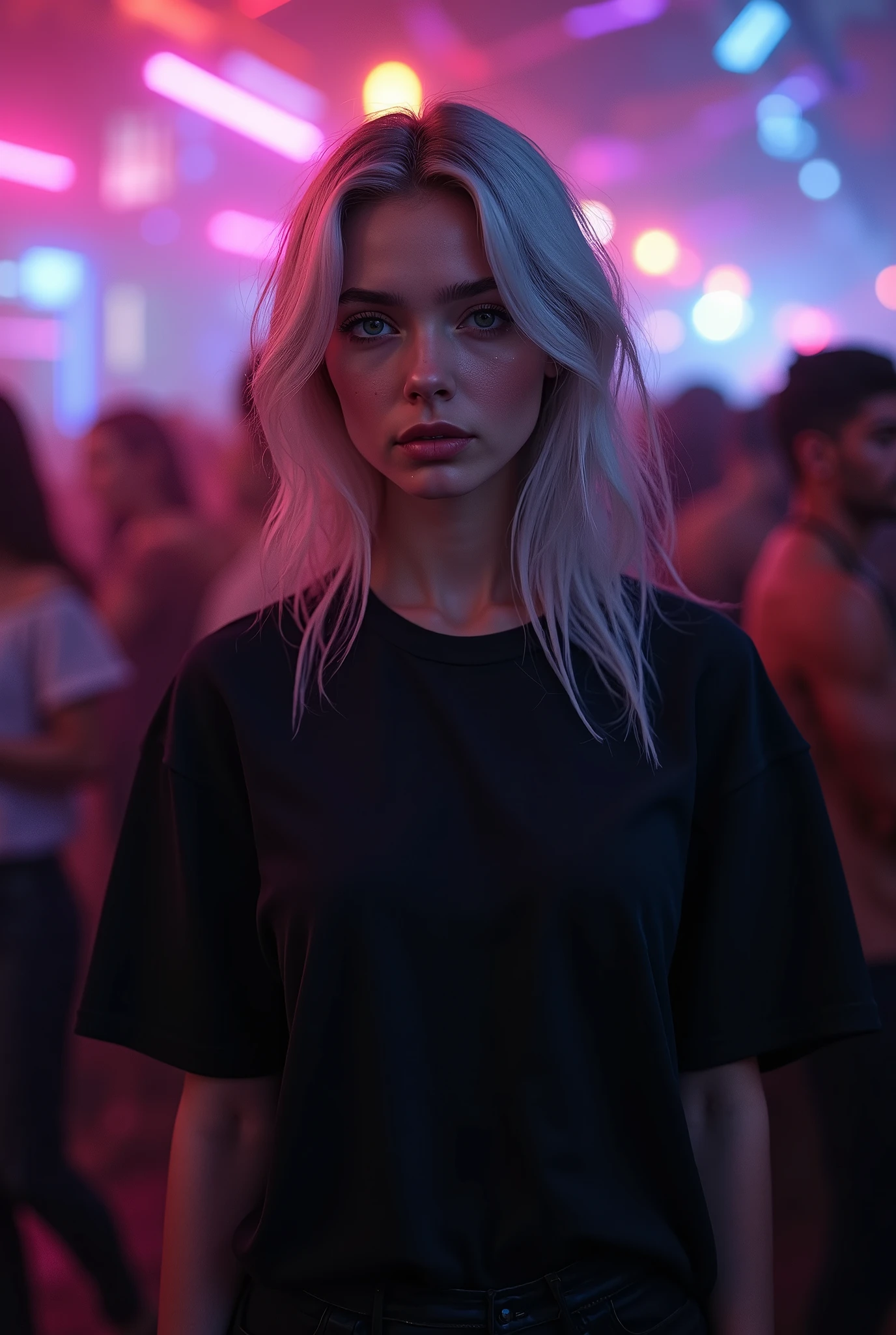 Beautiful girl in full growth, with white skin, light gray hair, Professional full-length photo, realistic, against the backdrop of a crowd at a party, dark atmosphere, Light music, Light show, dressed in a voluminous black wide T-shirt