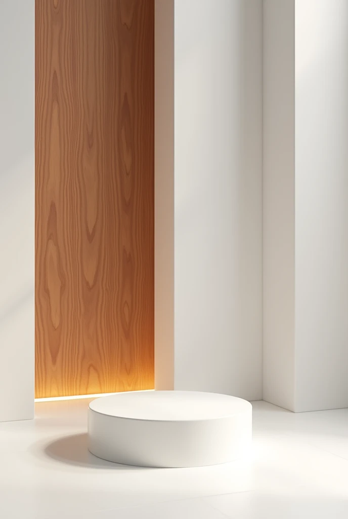 Cherry wood texture radiating warmth and sophistication, juxtaposed with an abstract white 3D room and an elegant white cylinder pedestal podium, ideal for showcasing premium goods. High quality with ample copy space. --ar 16:9 --v 6.0 --s 250