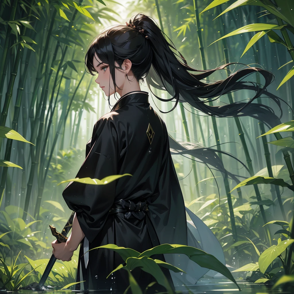 A Handsome black-hair male holding a large sword in black hanfu dress, close up.

The back is a lush green bamboo forest. The air after rain has water droplets splashing around.