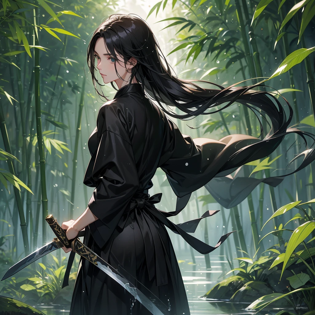 A Handsome black-hair male holding a large sword in black hanfu dress, close up.

The back is a lush green bamboo forest. The air after rain has water droplets splashing around.