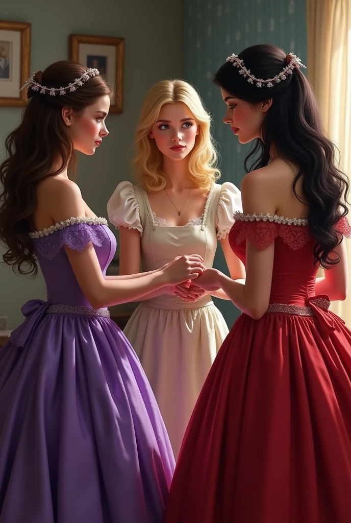 Ciderella helping her sisters arrange their dresses for the ball . Cinderella with blonde hair and an apron , black and brown haired sisters in purple and red dresses . sisters were not on good terms with Ciderela and they have to be real people
