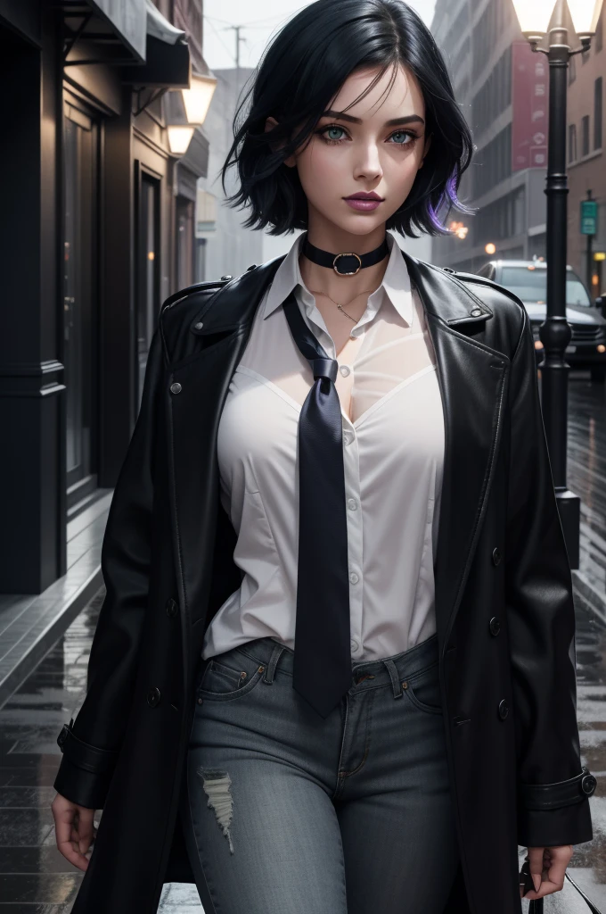 {{{{{masterpiece, best quality, official art, 8k, high resolution illustration}}}}}, grey theme, {{{{{{extremely detailed, detailed face, intricate details, lush detail, insanely detailed face, heterochromia}}}}}}, glowing eyes, green eyes, red eyes, {{{cinematic lighting, natural light}}}, 1girl, {{serious}}, {{{{rain}}}}, {city}, {{fog}}, city out of glass, {collared shirt}, solo, jacket, {{black coat}}, {{{coat on shoulders}}}, {thunder storm}, {dark blue necktie}, untied necktie, {{{dark blue hair}}, {{disheveled hair}}, {{high detailed big crystal on the choker}}, {{{purple lips}}}, {lipstick on the lips}, mascara, {{{{disheveled hair}}}}, short hair, white shirt, {under a detailed street lamp}, small breasts, nose, black jeans, legs, full body, perfect hands, perfect eyes, perfect fingers