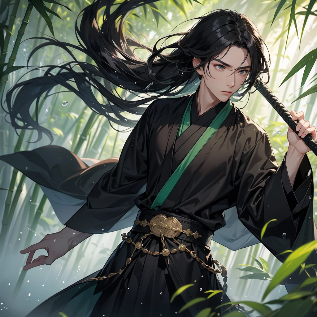 A Handsome black-hair male holding a large sword in black hanfu dress, close up.

The back is a lush green bamboo forest. The air after rain has water droplets splashing around.
