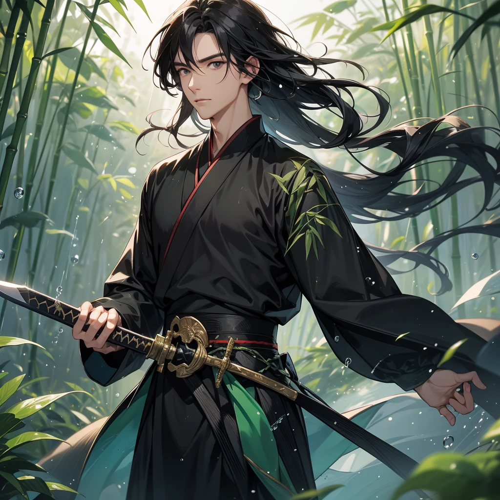 A Handsome black-hair male holding a large sword in black hanfu dress, close up.

The back is a lush green bamboo forest. The air after rain has water droplets splashing around.