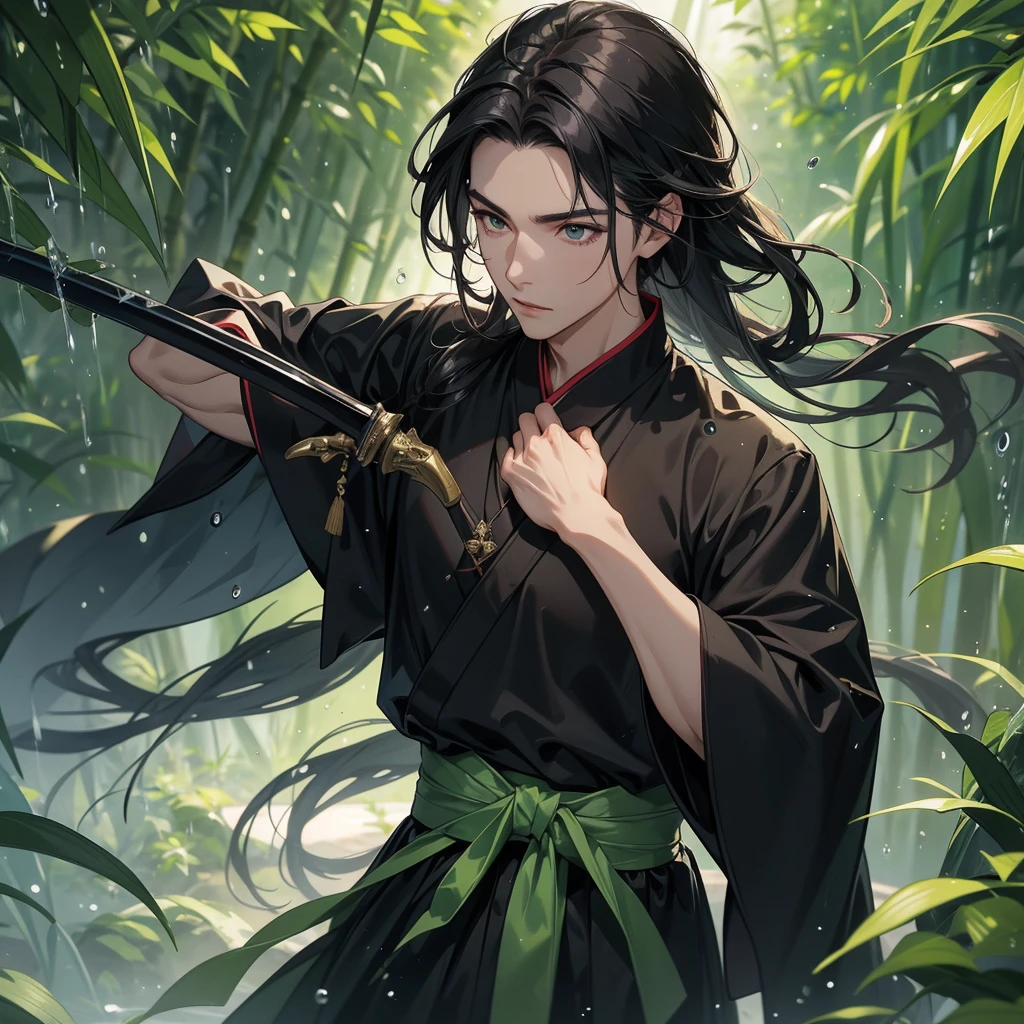 A Handsome black-hair male holding a large sword in black hanfu dress, close up.
The back is a lush green bamboo forest. The air after rain has water droplets splashing around.