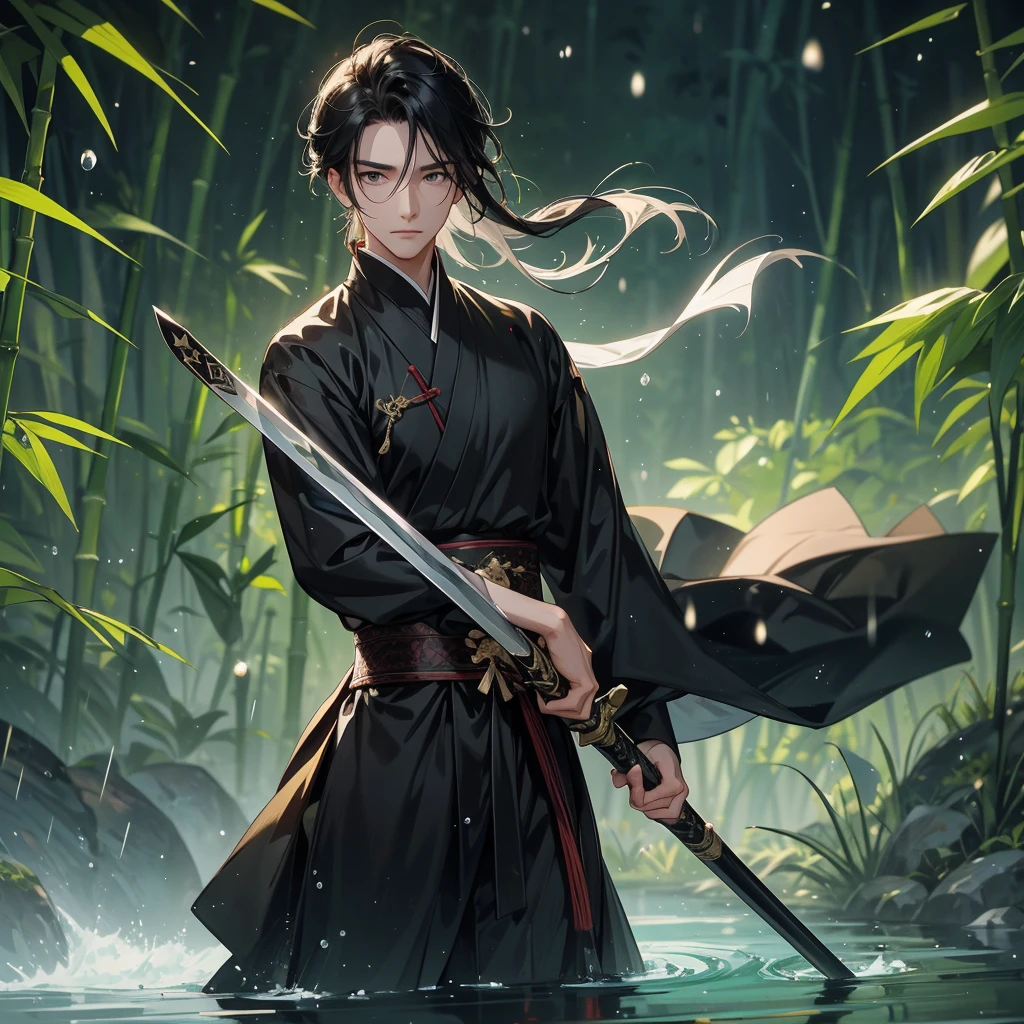 A Handsome black-hair male holding a large sword in black hanfu dress, close up.
The back is a lush green bamboo forest. The air after rain has water droplets splashing around.