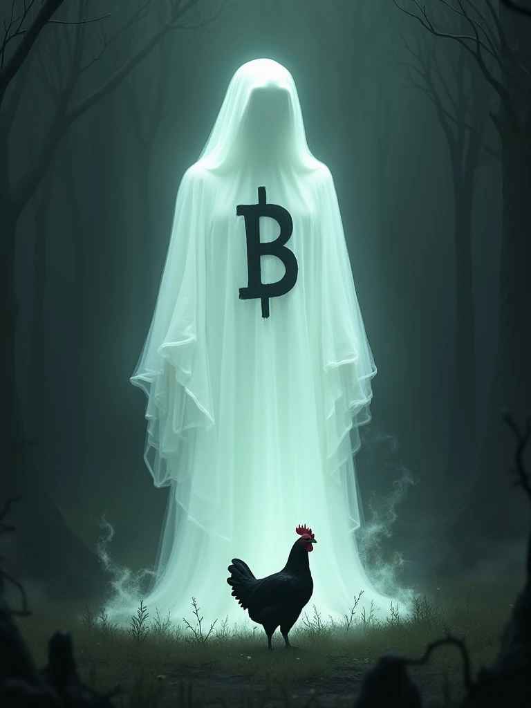 white ghost with the letter B on its chest calling a black chicken