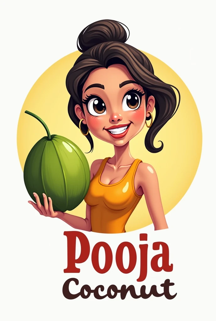I want to logo for coconut sell ang logo name Pooja coconut and logo designing like one woman holding coconut ine logon looking like toon art
