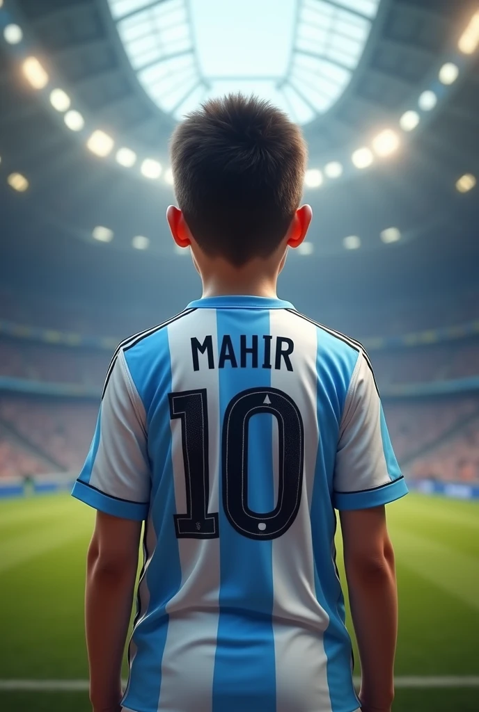 A  boy in argentina football jersey looking back and jersey number 10 name mahir and dressed white boy standing in the gallery inside the stadium