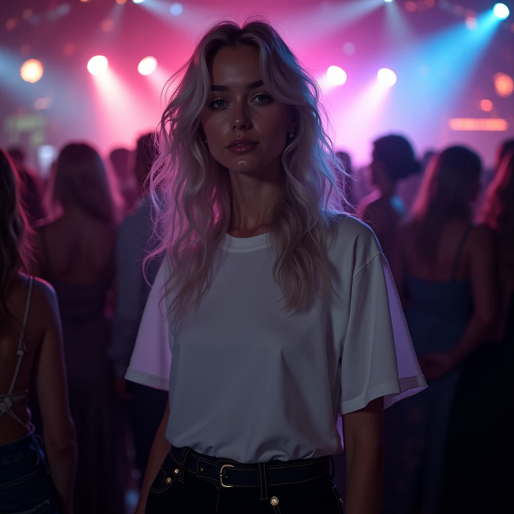Beautiful girl in full growth, with white skin, light gray hair, Professional full-length photo, realistic, against the backdrop of a crowd at a party, dark atmosphere, Light music, Light show, wearing a voluminous wide T-shirt