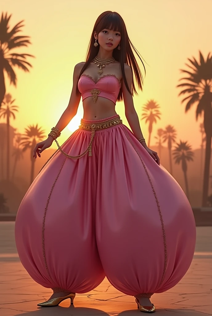 Pretty Japanese girl with super colossal breasts, solo, fullbody shot, brown eyes, brown long hair, straight hair, hime cut, blunt bangs, blunt tips, hourglass figure, gigantic cleavage breasts, J-Cup breasts, (Insanely huge gigantic breasts, ginormous breasts:1.6), wearing an Arabian outfit consisting of humongous inflatable satin full length princess Jasmine-style harem pantaloons with her belly button completely exposed, gold dance shoes, and a simple satin strapless bra. The outfit is light pink and the pants are extremely puffy and completely round and completely spherical, (Best quality:1.3).