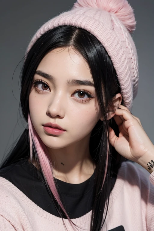 Girl with half black hair with pink tips and black eyes